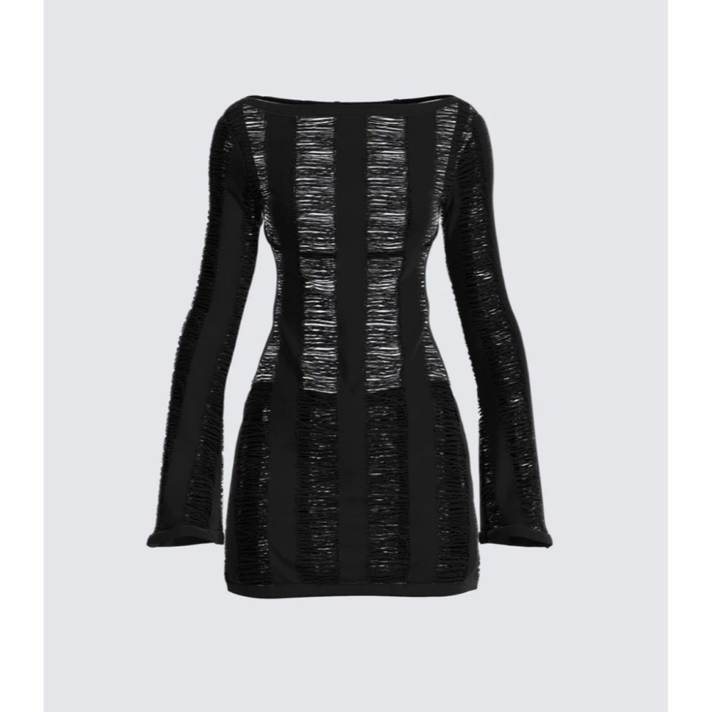 Finesse Mindy Black Distressed Mini Bell Sleeve Open Back Sweater Dress